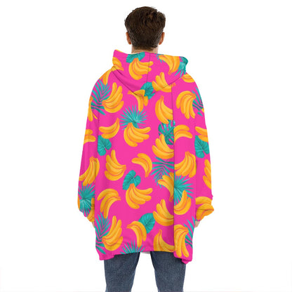 Pink Tropical Banana Pattern Print Hoodie Blanket