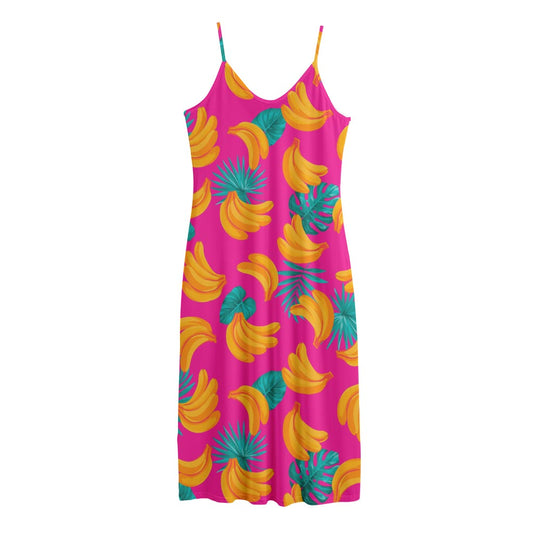 Pink Tropical Banana Pattern Print Jersey Midi Cami Dress