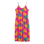 Pink Tropical Banana Pattern Print Jersey Midi Cami Dress