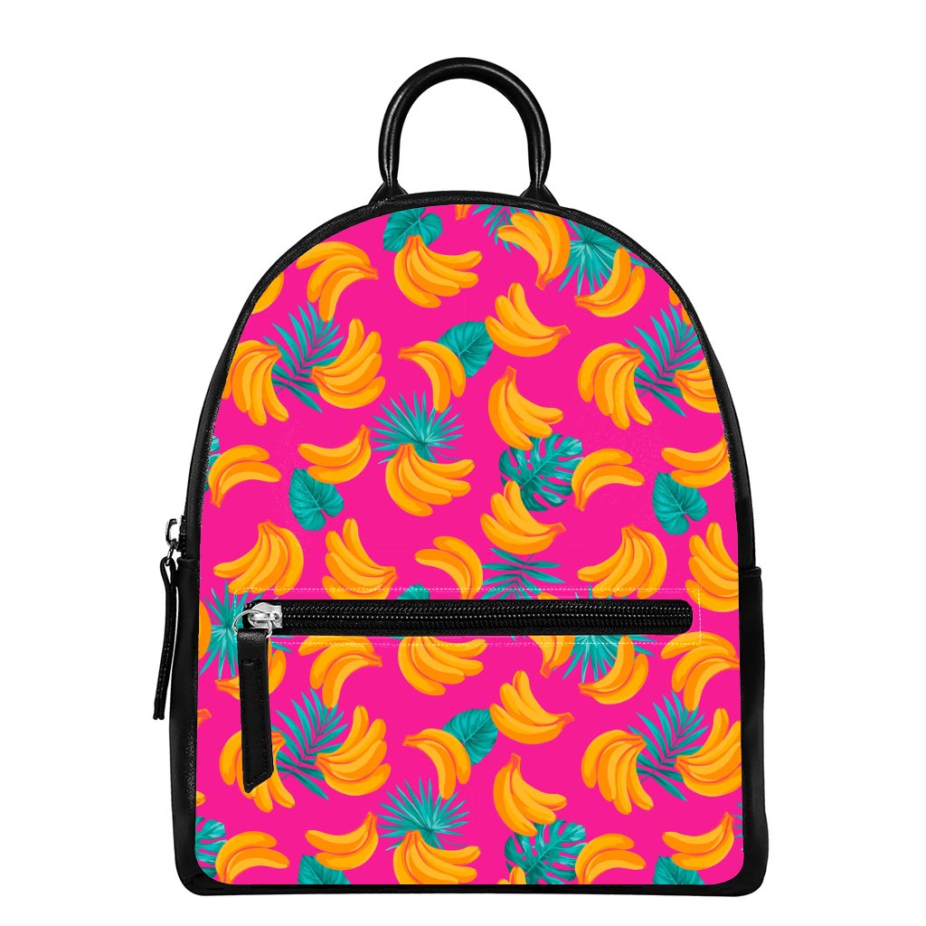 Pink Tropical Banana Pattern Print Leather Backpack