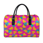 Pink Tropical Banana Pattern Print Leather Duffle Bag