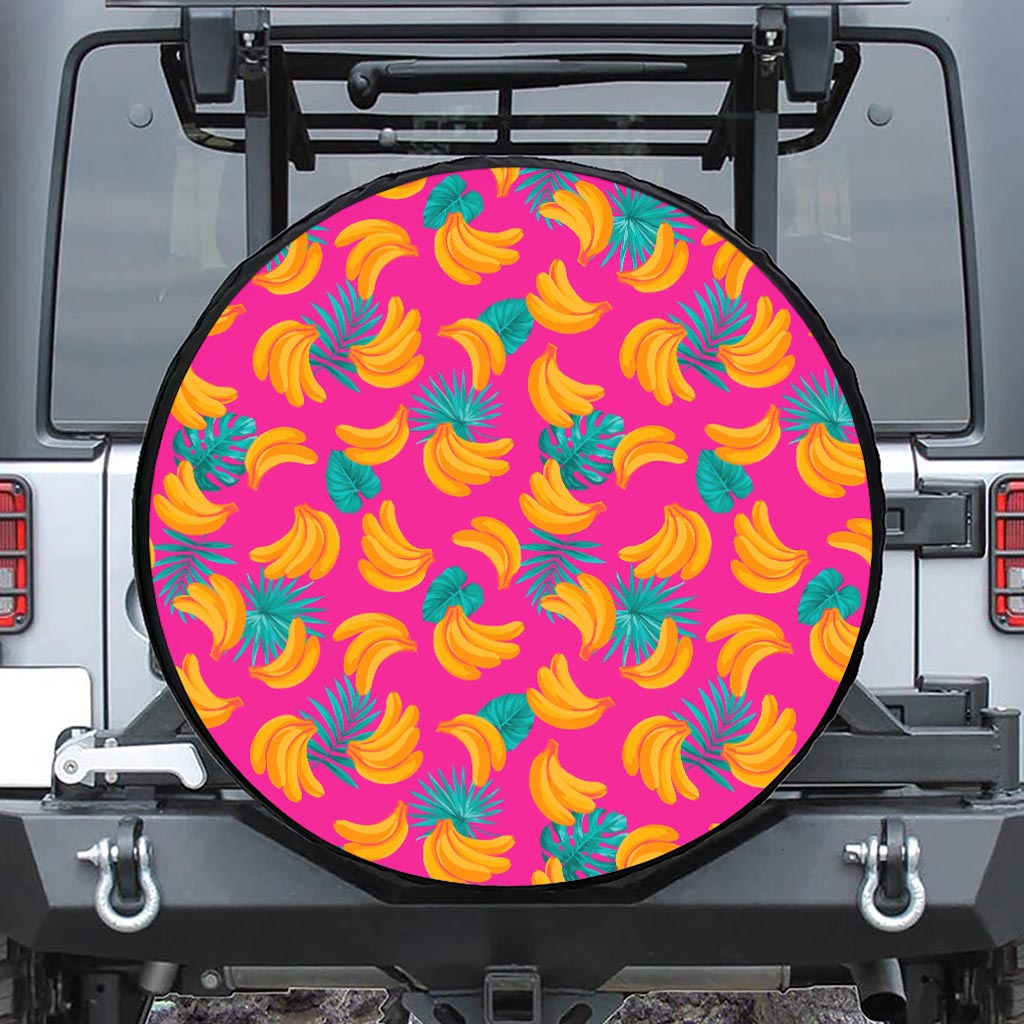 Pink Tropical Banana Pattern Print Leather Spare Tire Cover