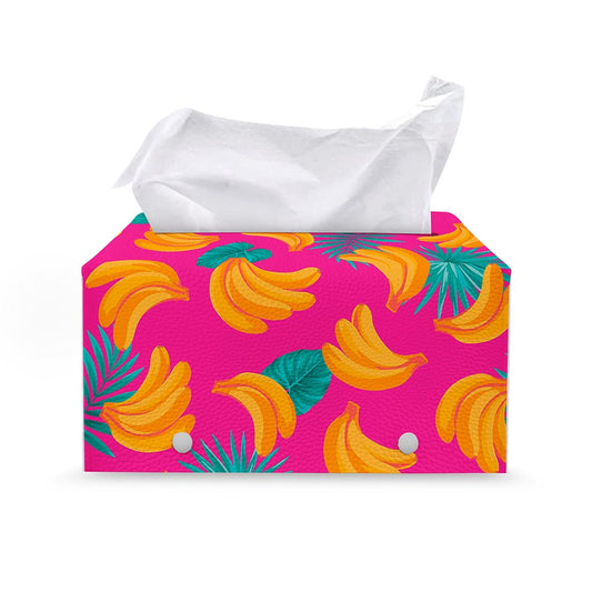 Pink Tropical Banana Pattern Print Leather Tissue Box Cover