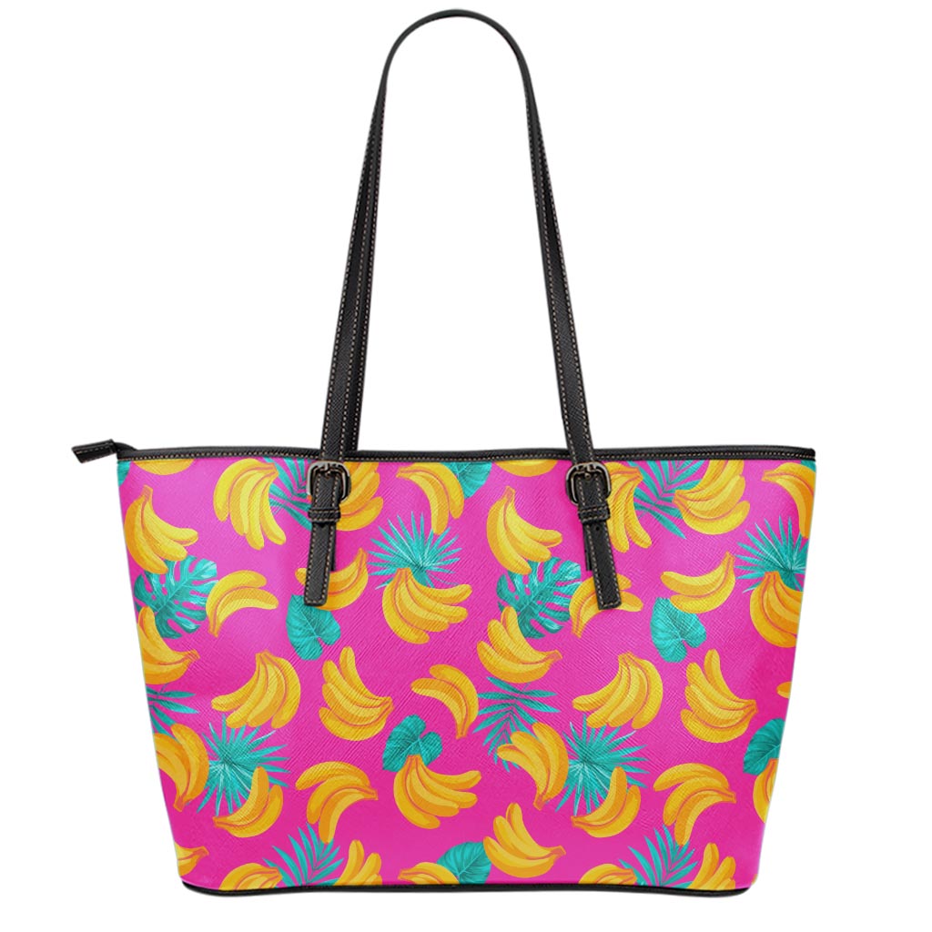 Pink Tropical Banana Pattern Print Leather Tote Bag