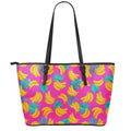 Pink Tropical Banana Pattern Print Leather Tote Bag With Zipper