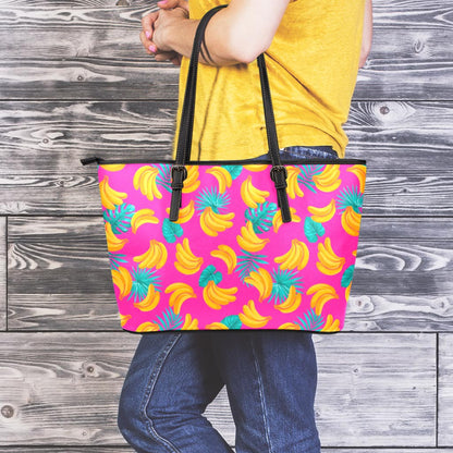 Pink Tropical Banana Pattern Print Leather Tote Bag