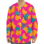Pink Tropical Banana Pattern Print Long Sleeve Baseball Jersey