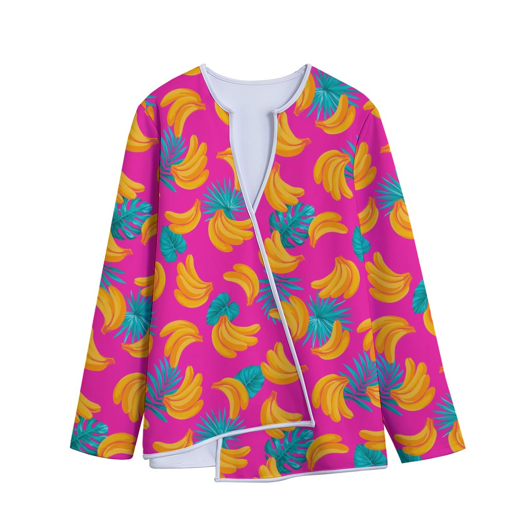 Pink Tropical Banana Pattern Print Long Sleeve Short Coat
