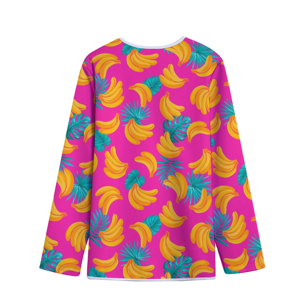 Pink Tropical Banana Pattern Print Long Sleeve Short Coat