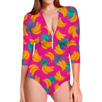 Pink Tropical Banana Pattern Print Long Sleeve Swimsuit