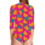 Pink Tropical Banana Pattern Print Long Sleeve Swimsuit