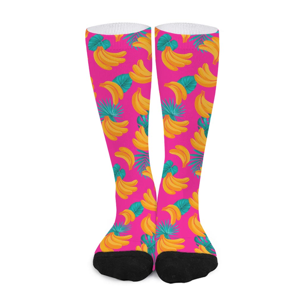 Pink Tropical Banana Pattern Print Long Socks