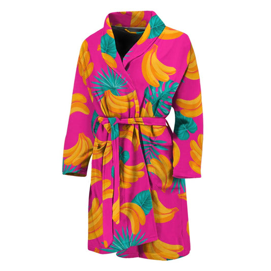 Pink Tropical Banana Pattern Print Men's Bathrobe