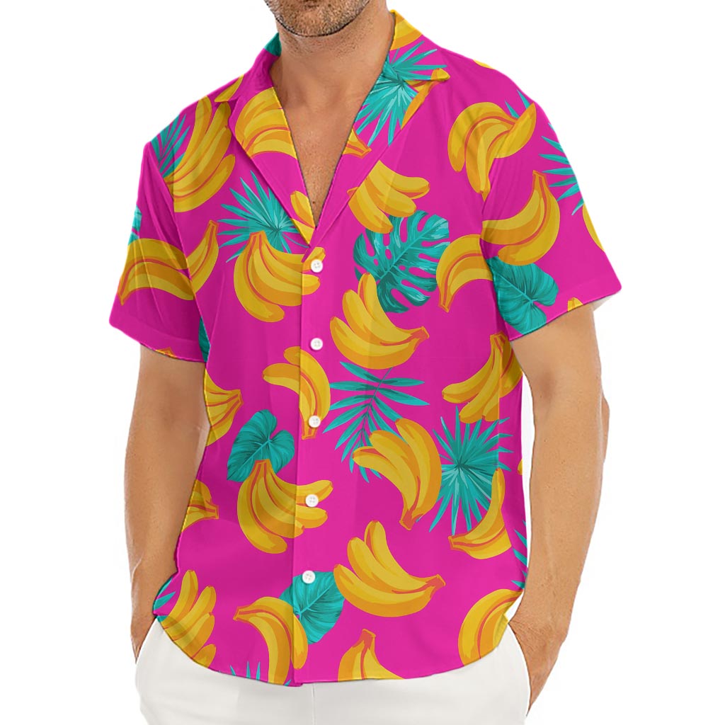Pink Tropical Banana Pattern Print Men's Deep V-Neck Shirt