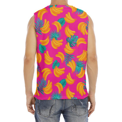 Pink Tropical Banana Pattern Print Men's Fitness Tank Top