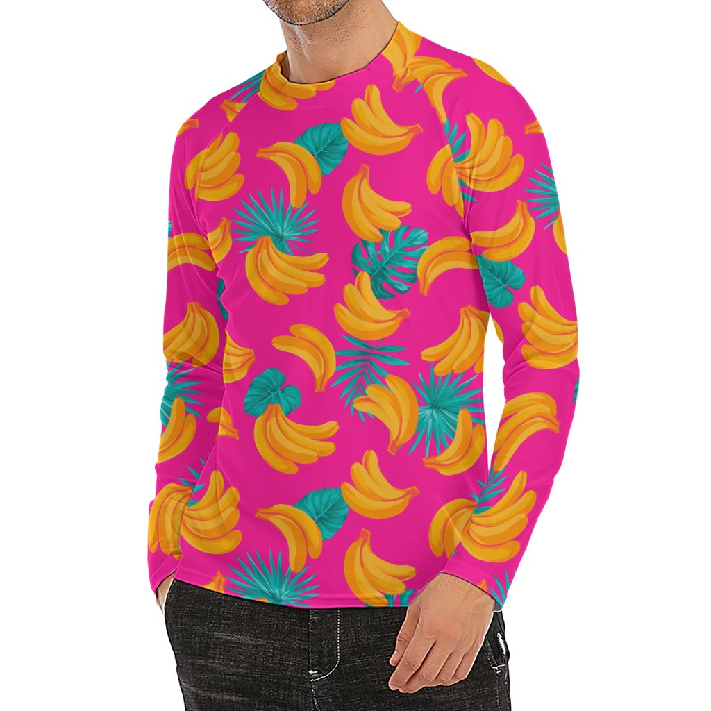 Pink Tropical Banana Pattern Print Men's Long Sleeve Rash Guard