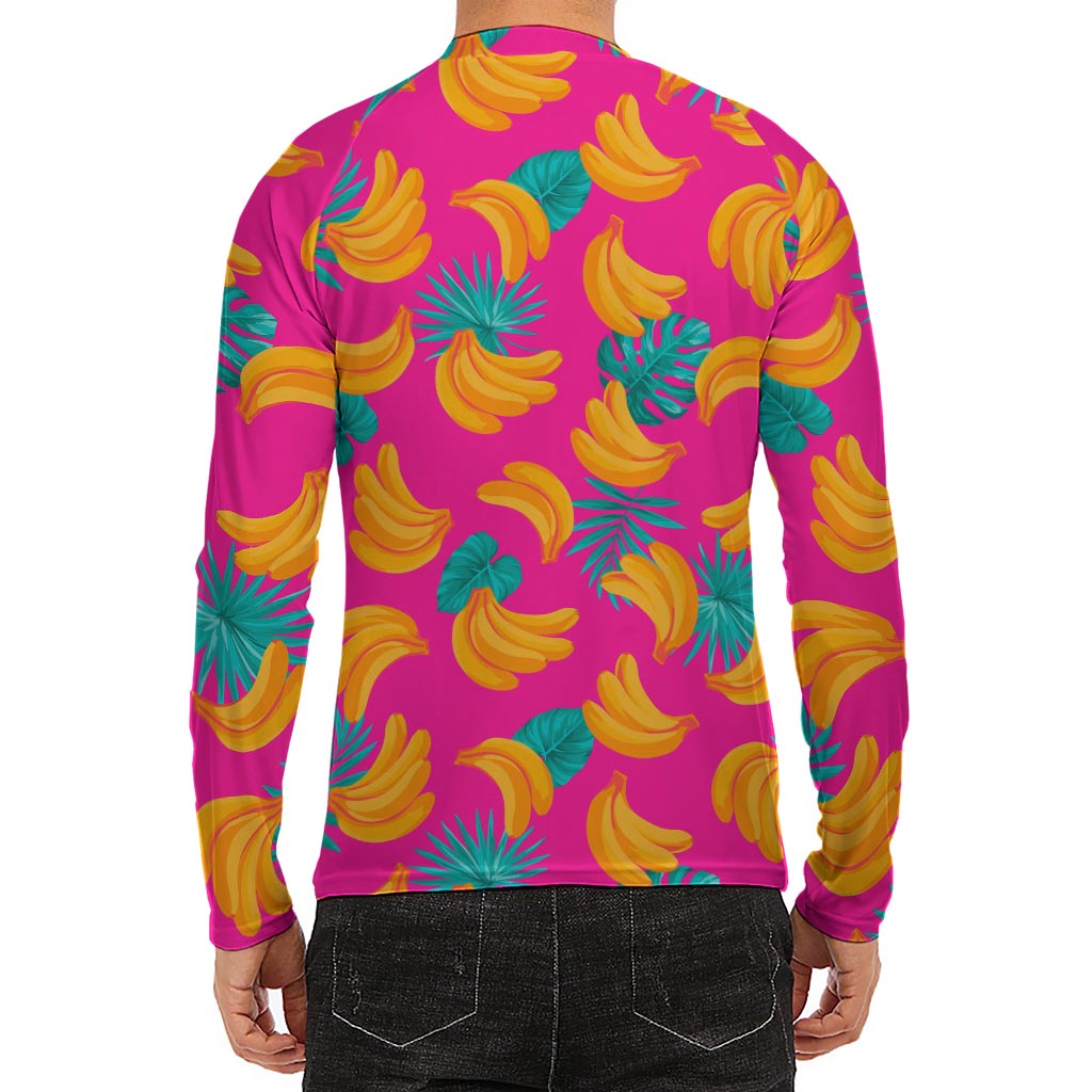 Pink Tropical Banana Pattern Print Men's Long Sleeve Rash Guard