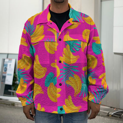 Pink Tropical Banana Pattern Print Men's Shirt Jacket