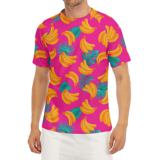 Pink Tropical Banana Pattern Print Men's Short Sleeve Rash Guard