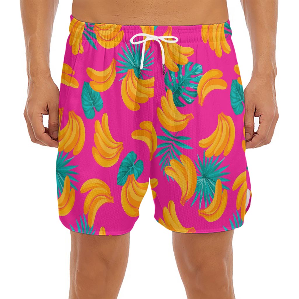 Pink Tropical Banana Pattern Print Men's Split Running Shorts