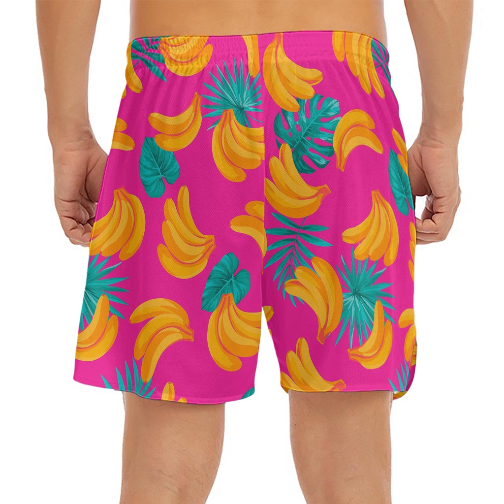 Pink Tropical Banana Pattern Print Men's Split Running Shorts