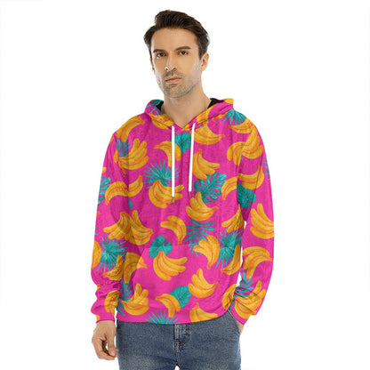 Pink Tropical Banana Pattern Print Men's Velvet Pullover Hoodie