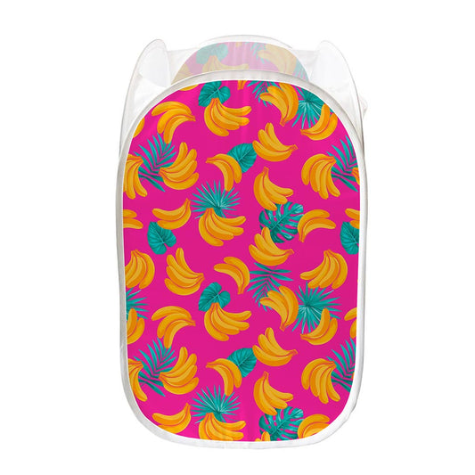 Pink Tropical Banana Pattern Print Mesh Laundry Hamper
