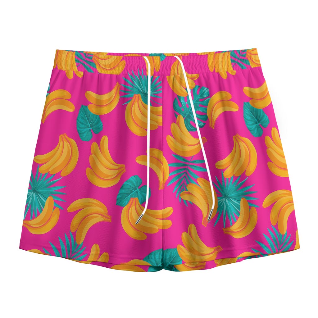 Pink Tropical Banana Pattern Print Mesh Shorts