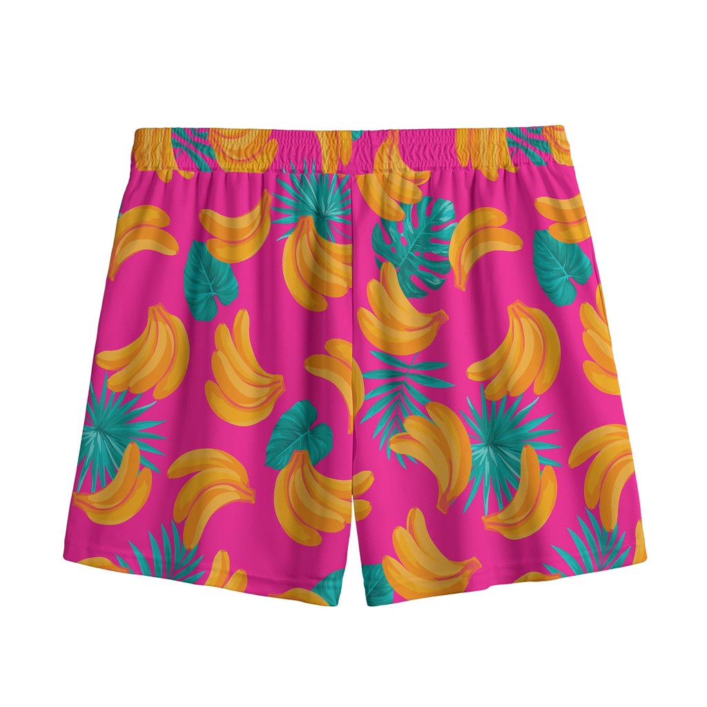 Pink Tropical Banana Pattern Print Mesh Shorts