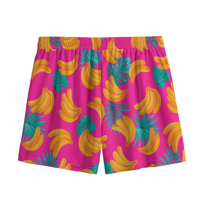 Pink Tropical Banana Pattern Print Mesh Shorts