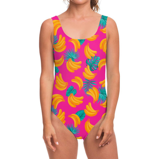 Pink Tropical Banana Pattern Print One Piece Swimsuit