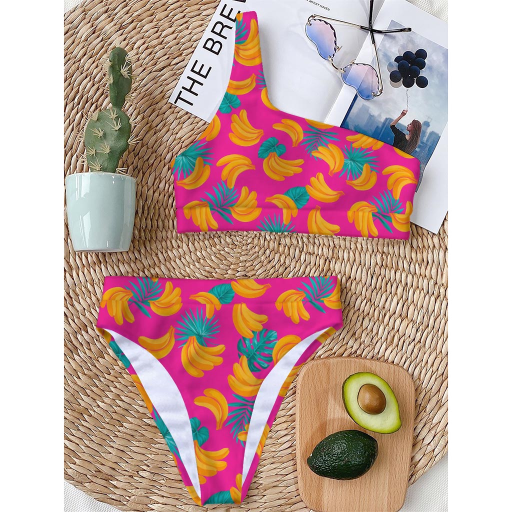 Pink Tropical Banana Pattern Print One Shoulder Bikini Top