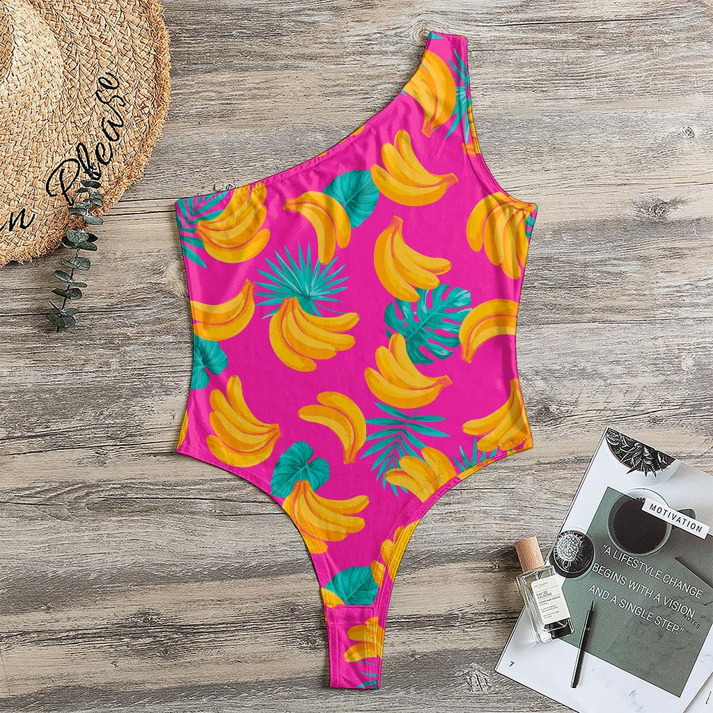 Pink Tropical Banana Pattern Print One Shoulder Bodysuit