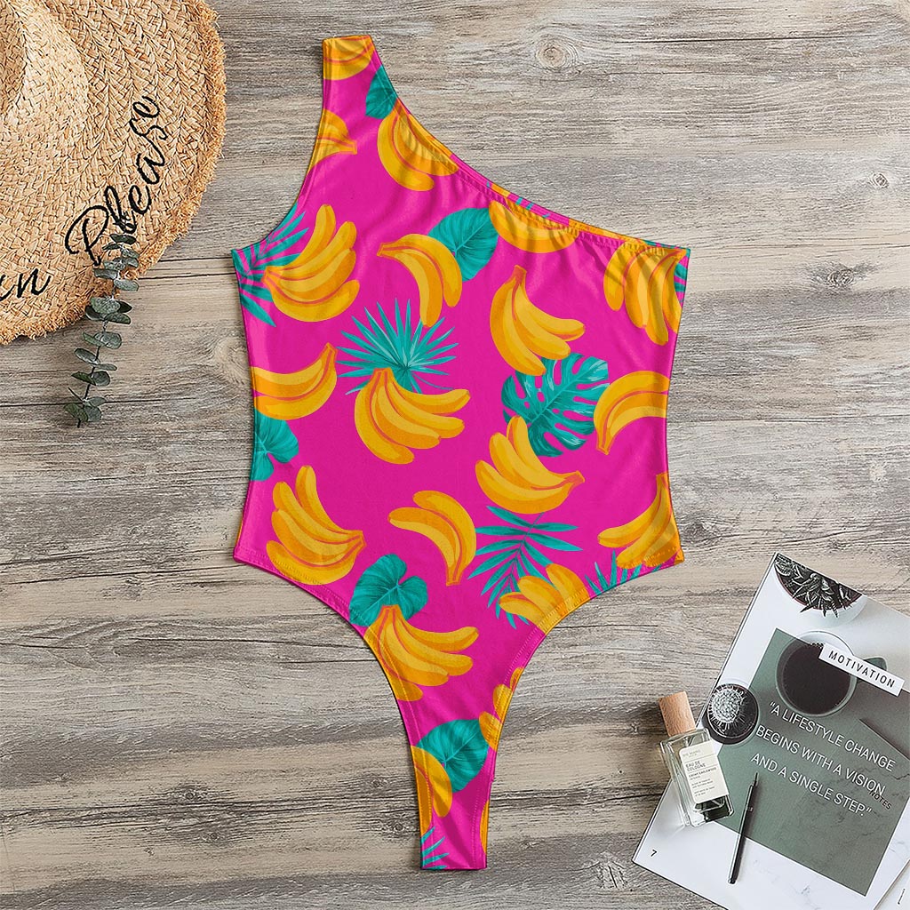 Pink Tropical Banana Pattern Print One Shoulder Bodysuit