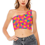 Pink Tropical Banana Pattern Print One Shoulder Crop Top