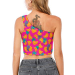 Pink Tropical Banana Pattern Print One Shoulder Crop Top