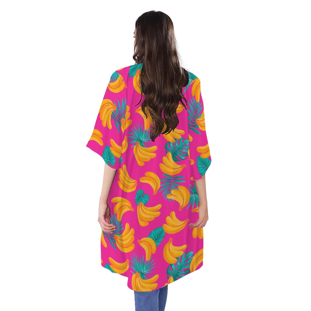 Pink Tropical Banana Pattern Print Open Front Beach Cover Up