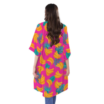 Pink Tropical Banana Pattern Print Open Front Beach Cover Up
