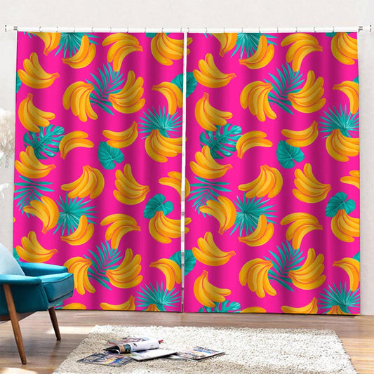 Pink Tropical Banana Pattern Print Pencil Pleat Curtains