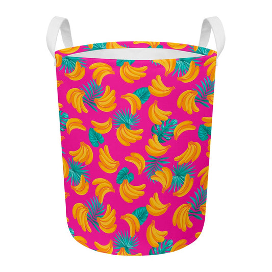 Pink Tropical Banana Pattern Print Round Laundry Basket