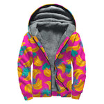 Pink Tropical Banana Pattern Print Sherpa Lined Zip Up Hoodie