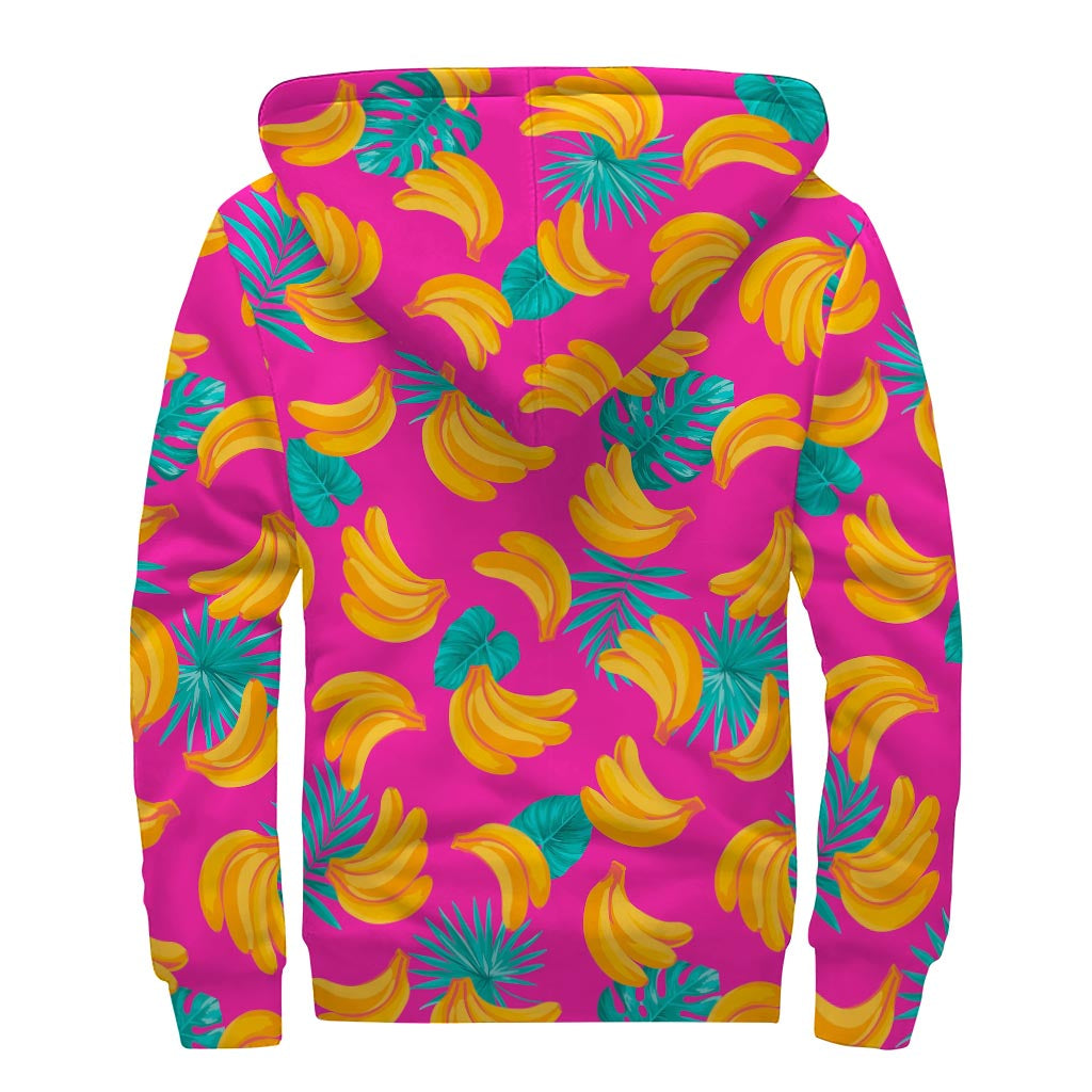 Pink Tropical Banana Pattern Print Sherpa Lined Zip Up Hoodie