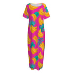 Pink Tropical Banana Pattern Print Short Sleeve Long Nightdress
