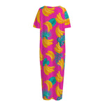 Pink Tropical Banana Pattern Print Short Sleeve Long Nightdress