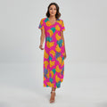 Pink Tropical Banana Pattern Print Short Sleeve Maxi Dress