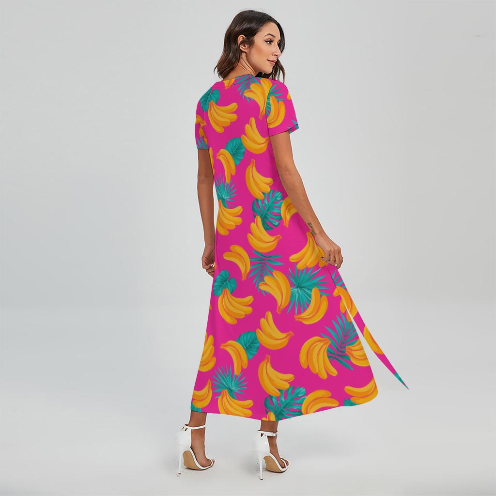 Pink Tropical Banana Pattern Print Short Sleeve Maxi Dress