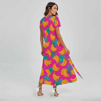 Pink Tropical Banana Pattern Print Short Sleeve Maxi Dress