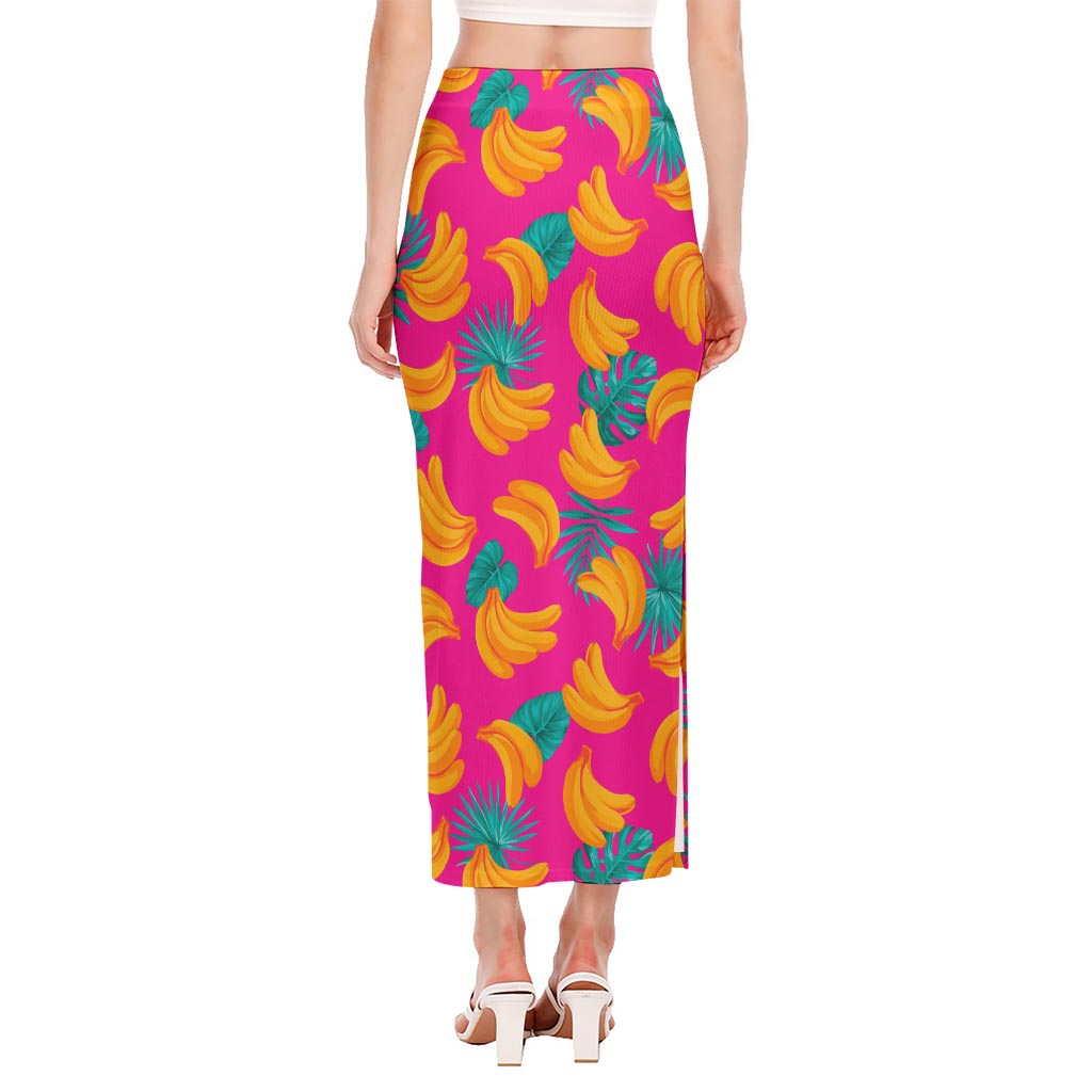 Pink Tropical Banana Pattern Print Side Slit Maxi Skirt