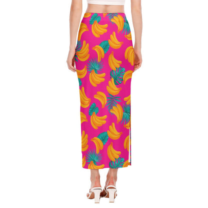 Pink Tropical Banana Pattern Print Side Slit Maxi Skirt