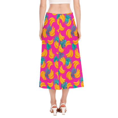 Pink Tropical Banana Pattern Print Side Slit Midi Skirt